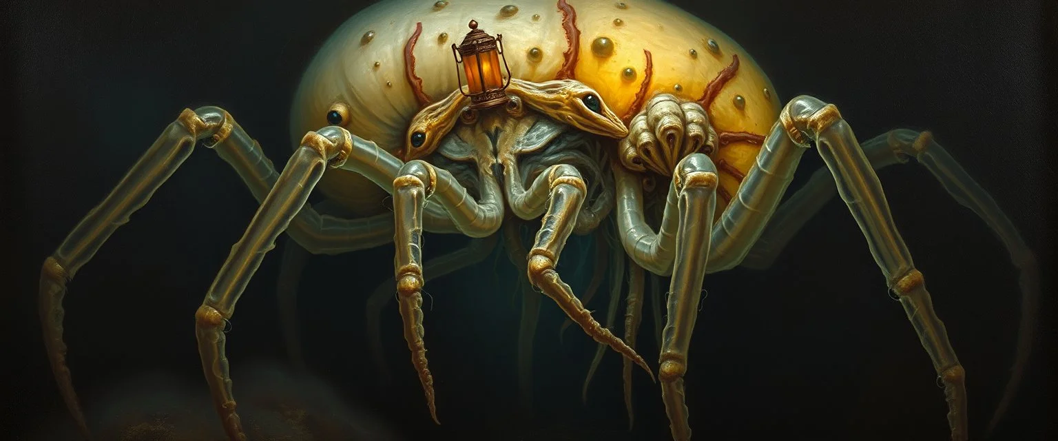 master oil painting by Rembrandt, good afternoon Fathomlurker "An abyssal creature with translucent skin revealing writhing organs, many spindly legs and elongated fingers, eyes like lanterns scattered across its body, tentacles that ripple silently, lurking in black depths, almost invisible, emitting an eerie blue glow."