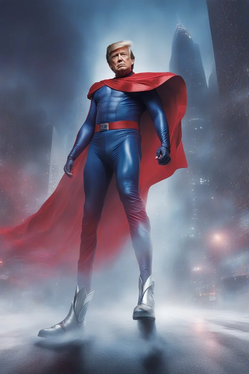 Donald Trump as 'Maga Man,' Extremely Muscular, Skintight, formfitting, red, white-and-blue bodysuit, blue cape, silver boots, Multicolored vortex, neon lit futuristic cityscape, mist, fog, speed, extremely overexaggerated musculature, "MAGA MAN"