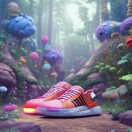 Play doh style, pixar style, volumetric summer garden environment and background, hyper realistic painting of adidas sneaker, looking excited, volumetric lighting, dramatic lighting, detailed digital painting, anime, ornate, colour-saturated colors, chaotic, small minutiae, tiny features, particulars, centered, smooth, sharp focus, renderman gofur render, 8k, uhd, detailed eyes, realistic shaded volumetric lighting, sunlight caustics, backlight, centered camera view