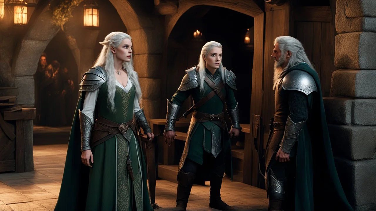 [photo from the lord of the ring] two elves, Lady Lyanna and her bodyguard Thalion the elfin warrior with scars, entering the tavern. They pause in the doorway, their sharp elven senses already alert to the tension in the room. Lyanna's silver hair catches the morning light as she scans the tavern, and Thalion take a seat in a shadowed corner.