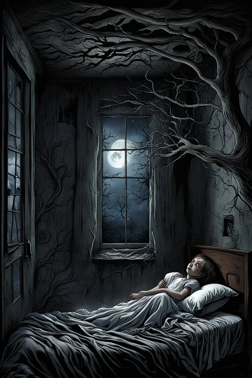 In the depths of a dark and surreal nightmare, a scared young girl with big eyes tries to sleep on a bed in a rundown room. The only source of light is a broken window, the moonlight illuminates the dusty floor and shadowy corners. The wind howls outside, causing the branches of a nearby tree to slam against the window, adding to the eerie atmosphere. In the corner, the shadows seem to move and roll, fear, surreal, thriller