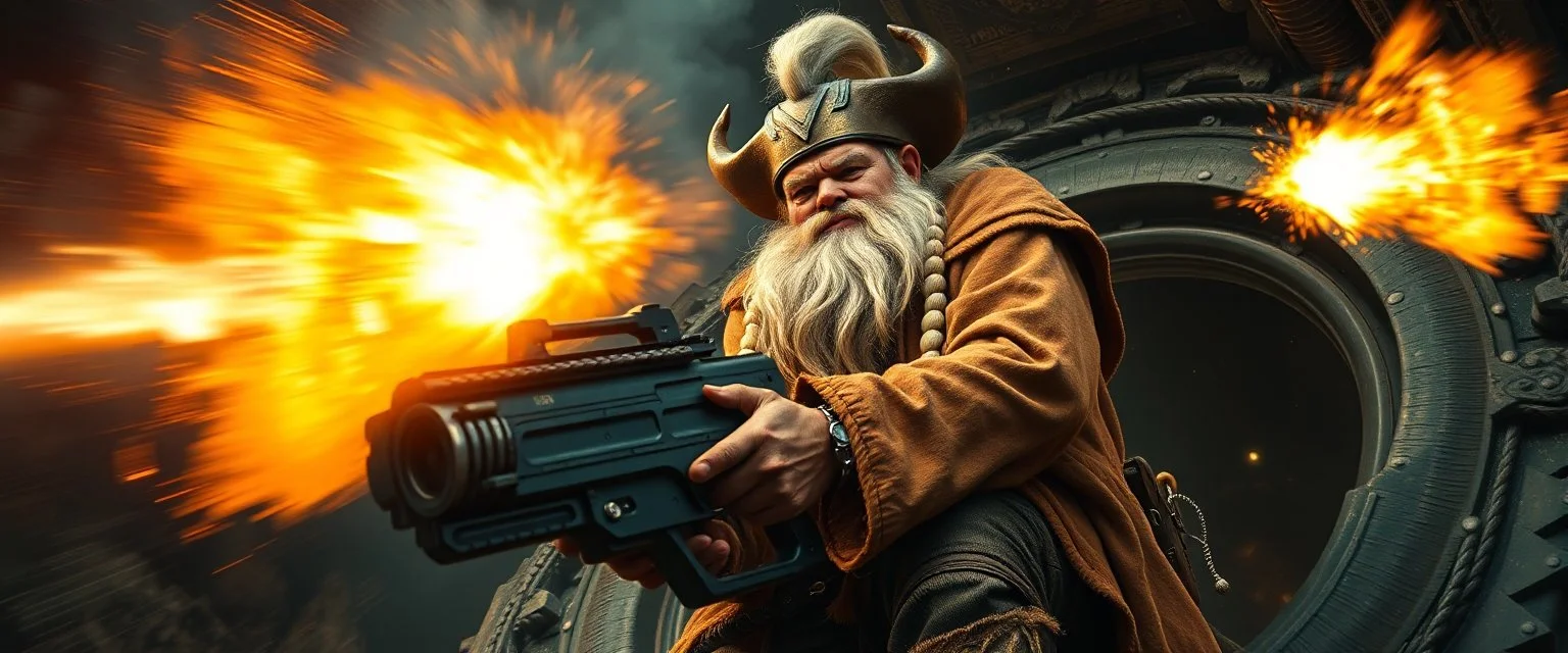 movie poster, portrait interview cowboy Albino Dwarf Spirit climbing outside space ship in cave holding huge mounted chain gun, motion blur, smoke and steam flashlights, flame squid whip, splashing mega high explosion, shooter blasted backwards