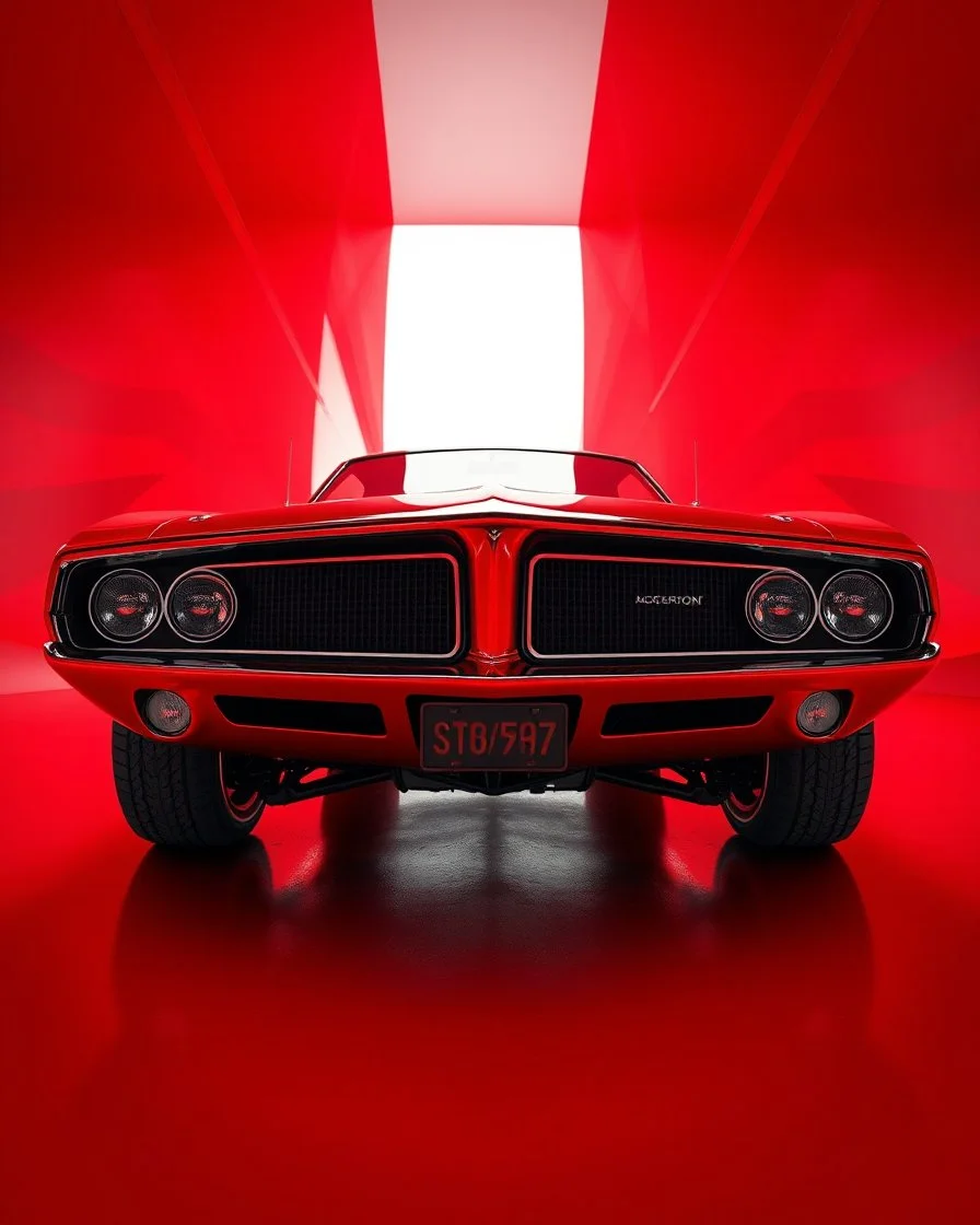 low view angle shot down from upper left front and showing the full vehicle, a 60s futuristic prototype muscle car, large close up a beautiful look up modern is decorated with red abstract, all red background, fisheye lense, vray, raytracing