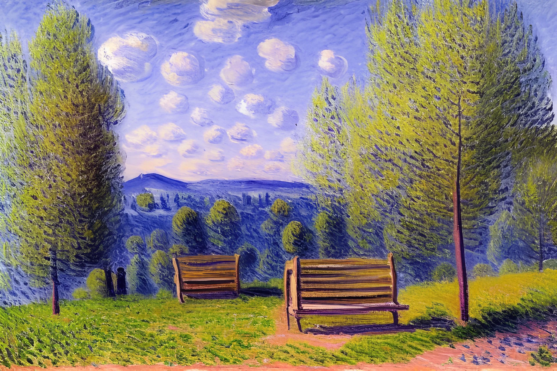 Bench, trees, mountains, alfred sisley impressionism painting