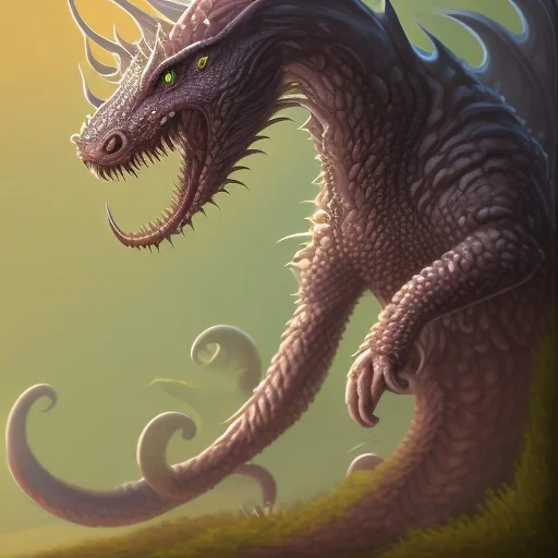 This wyrm has a 2-pointed spiked crest. Its neck is medium length; Its snout is vertically flat, very wide, very long, sharp tipped, and it has an overbite. Its teeth are bent outwards. It has rounded claws, a mane, and smooth scales. Its tail is short and very wide. Its breath weapon is ice.