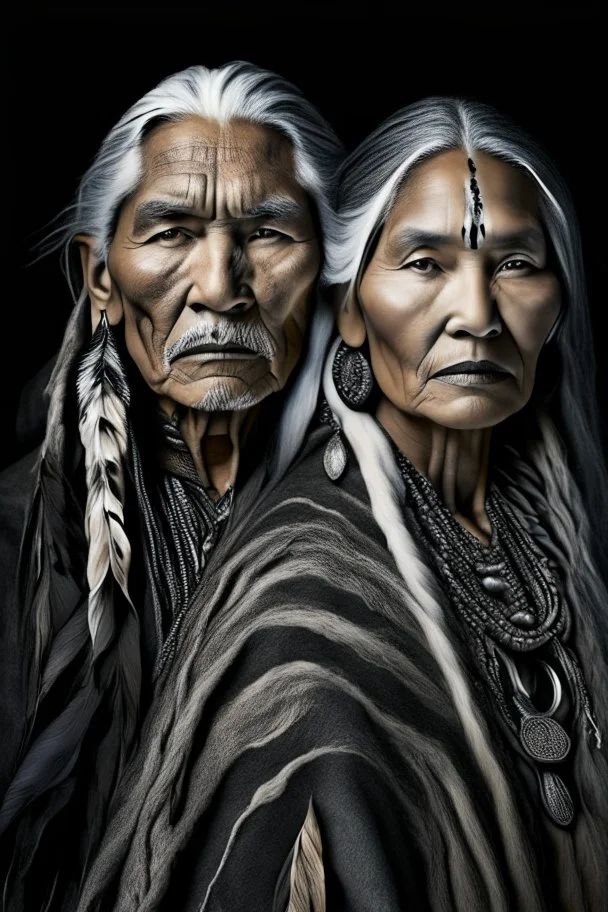 a photo of an Native american indian man and woman with ethnic jewelry, grey hair and grey flowing robe, in style of Annie Leibovitz, contemporary portrait of a mature yet beautiful and modernist, black and grey, detailed face, swirling fluid smokey enigma, award-winning artwork