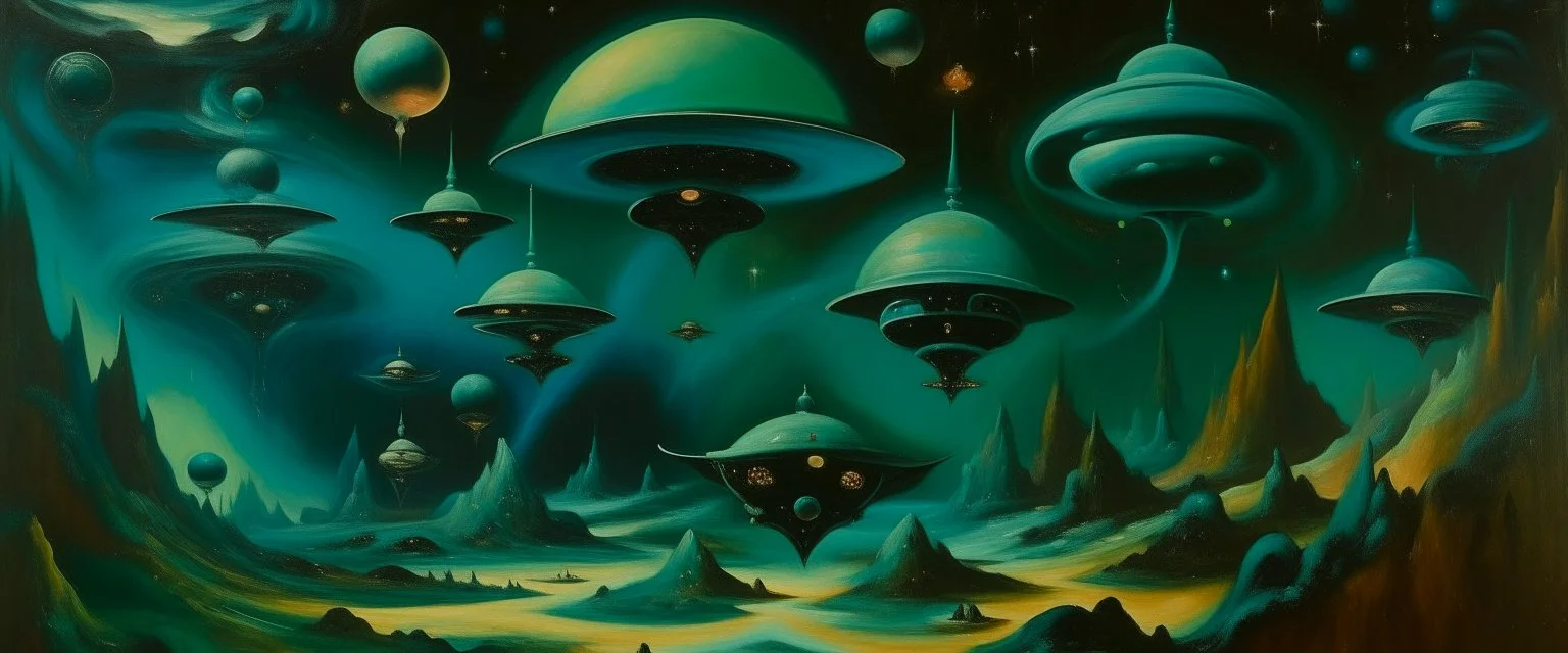 A blackish teal outer space with UFOs painted by Diego Rivera