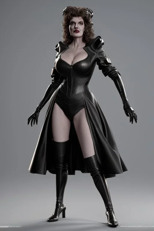 Rene Russo as evil queen in black leather gown, angry, busty, curvey, cleavage, unreal 5, octane render,cinema4d, dynamic lighting, dramatic lighting, 4k, redshift render, highly detailed, hyper realistic