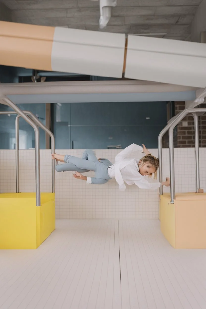 girl with messy bun working on a desk. wes anderson. Children are playing around.