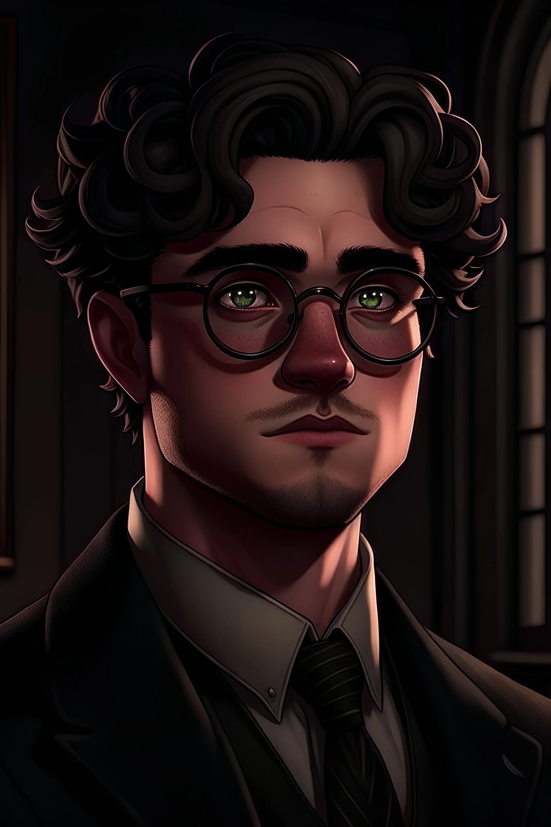 Dark academia as a handsome man with piercing eyes in his mid twenties, no glasses, realistic style.