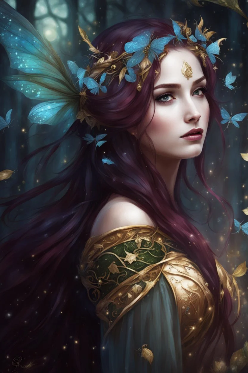 Burgundy hair, dark hair,dark red , rapunzel hair,very long hair,dark fairy princess,elven crown,night,dragonflies,beautiful,ong ashes,golden armor ,sparkle,night blooming,ivy,dark green,lilly of valley,golden elven crown