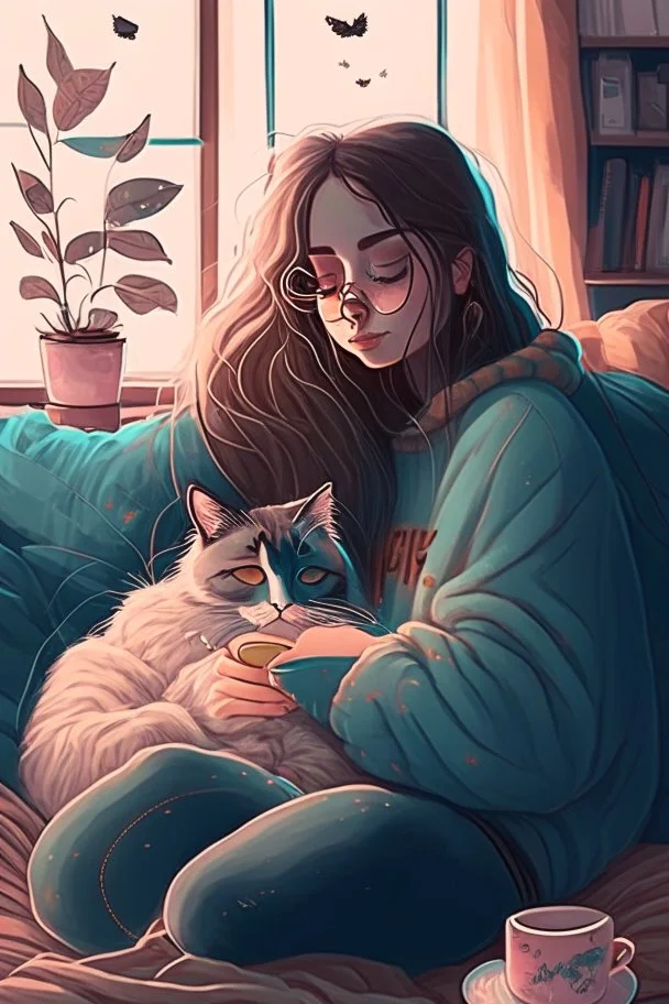 cozy vibes art girl with cat
