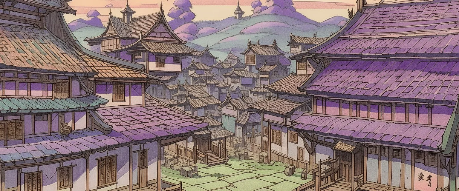 A light purple medieval village covered in paint in art deco style painted by Utagawa Hiroshige