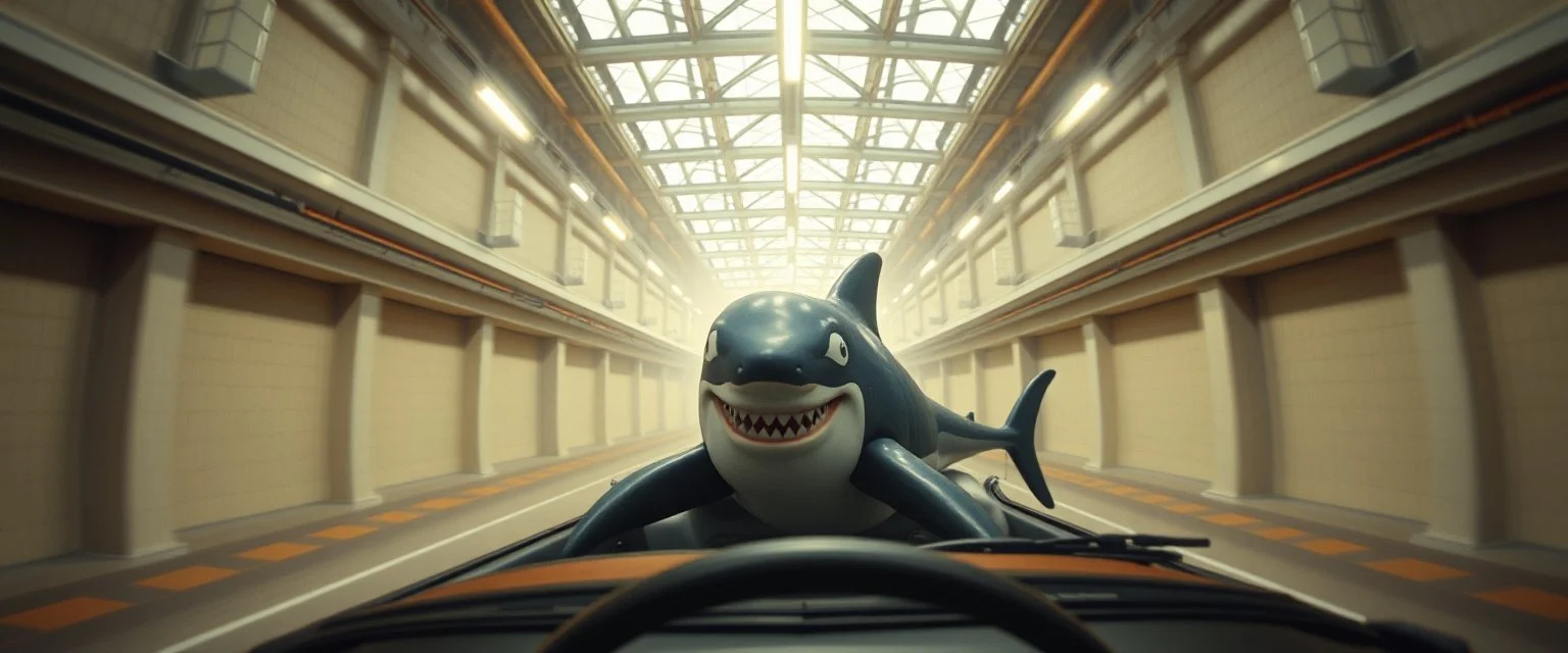 car driving happy 2d fluffy shark orca dog in the style of Escher and Giger and Fallout 4, pinhole cam, airbrush 3d rendering, on tv screen:A five-second cinematic single take in a clean industrial presentation hall.