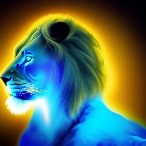 A beautiful portrait of a cyborg lion blue neon color scheme, high key lighting, volumetric light high details psychedelic background