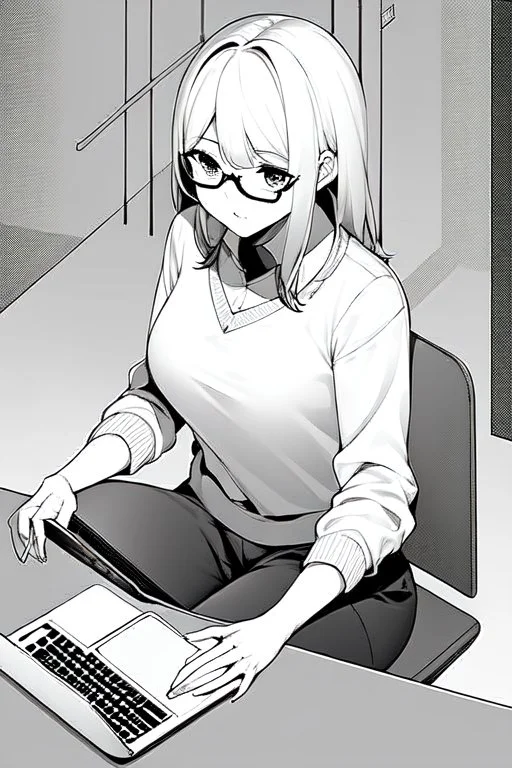 girl with glasses works on a laptop sitting in a cafe, line arts, greyscale