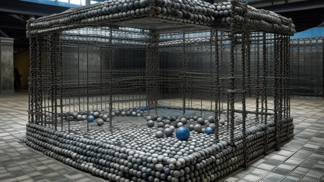 A gray fighter's arena made out of steel balls designed in ancient Greek mosaics painted by Gustave Courbet