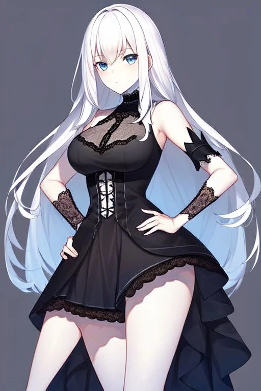 a captivating gothic anime girl, her ethereal beauty accentuated by porcelain skin and vibrant blue eyes. She stands firmly on a train track, legs wide apart, hands on hips, wearing a sleek black dress with lace details and a gun holstered on her thigh. Her flowing white hair billows in the wind as the smoky background portrays a chaotic scene of crumbling buildings and raging flames, emphasizing the imminent arrival of the train.