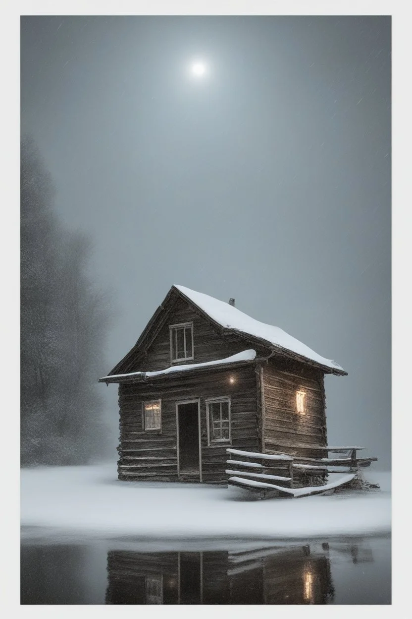 old cabin in a blizzard at night by a lake