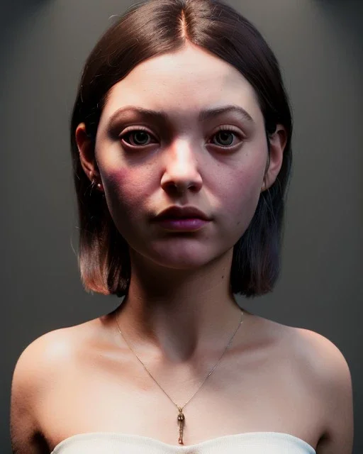 Realistic Waist up Portrait young woman, muppet dress, short hair style, photo studio, unreal engine 5, god lights, ray tracing, RTX, lumen lighting, ultra detail, volumetric lighting, 3d.