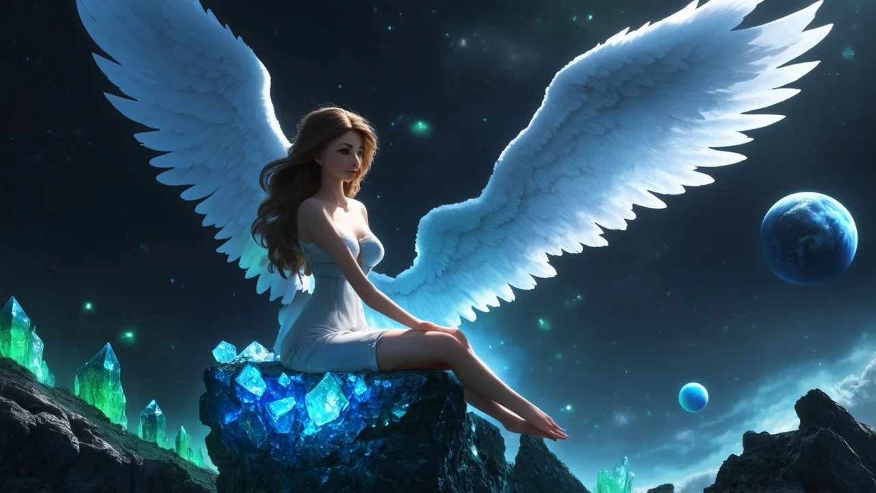 angel with a wings siting on the blue monolith made of blue tiberium crystals of lights, matrix universe, planets on the back grounds, green crystals of tiberium on the life and right