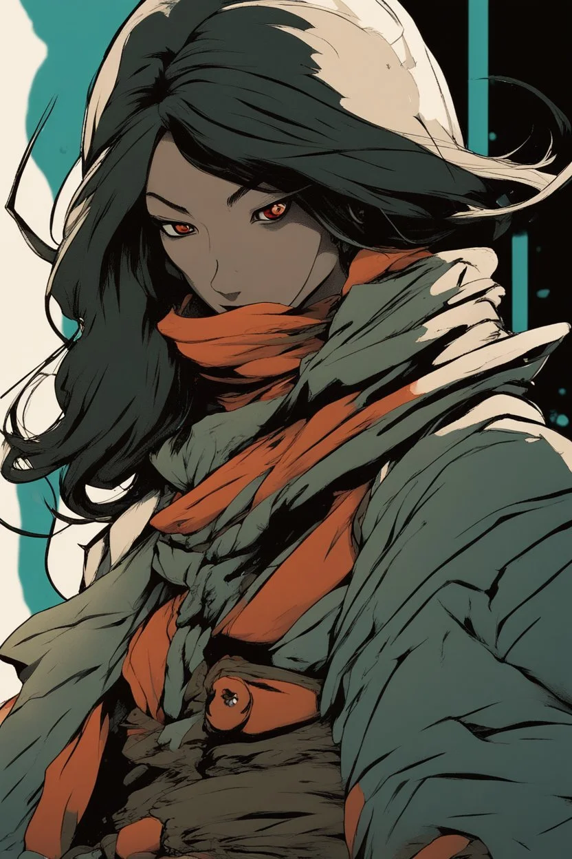 Original anime Japanese female kungfu warrior main character . Studio ghibli style mixed with Frank Frazetta. Mobius style background. Iconic character design. Dynamic silhouette . Unique features. Make the eyes the focal point. Dystopian sci-fi . Stone cold killer. Brilliant use of color theory and cinematic lighting.