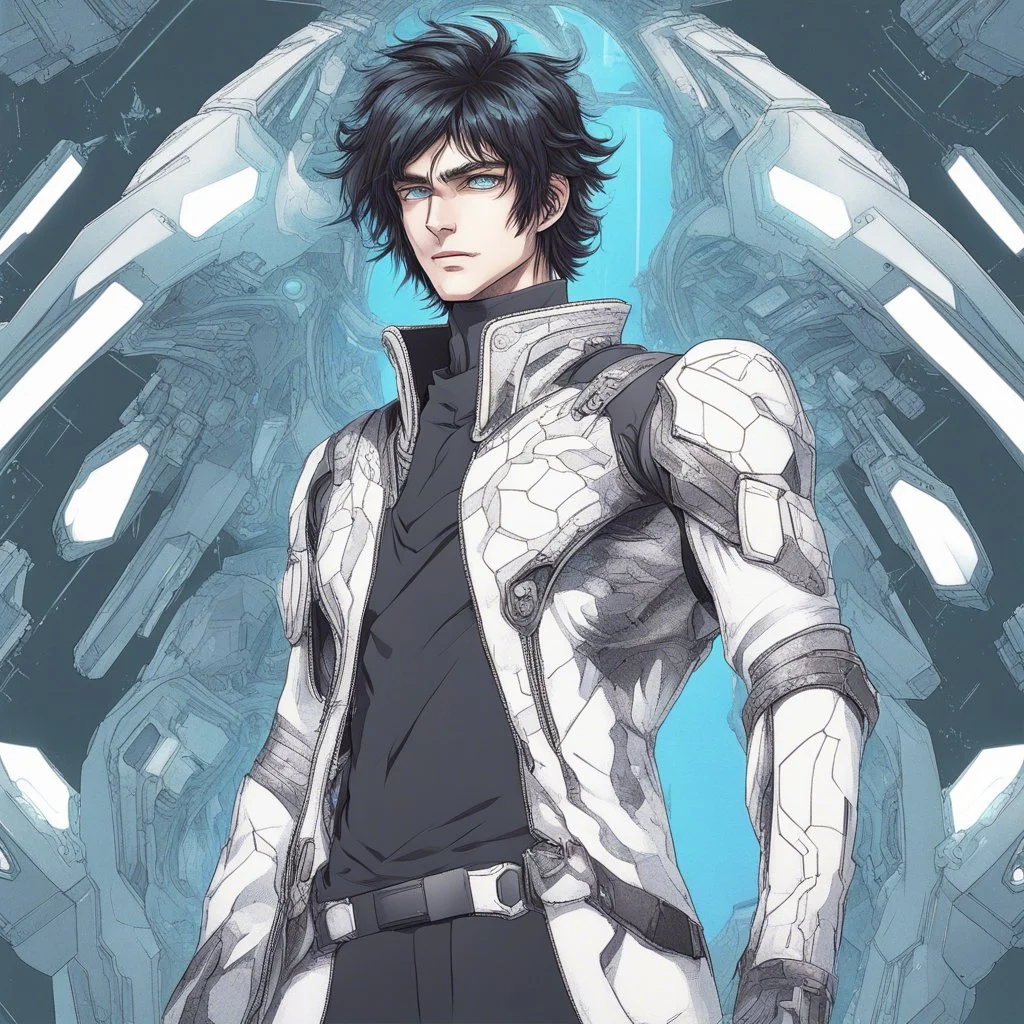 An handsome alien with messy black hair and blue eyes, wearing futuristic, alien clothes, colored manga style, intricately detailed,