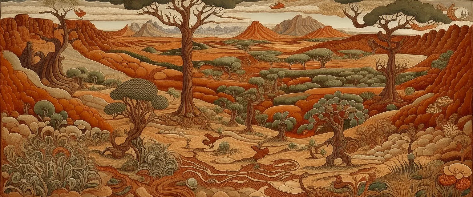 A brown arid wasteland designed in Mexican folk art painted by Giovanni Battista Sassi