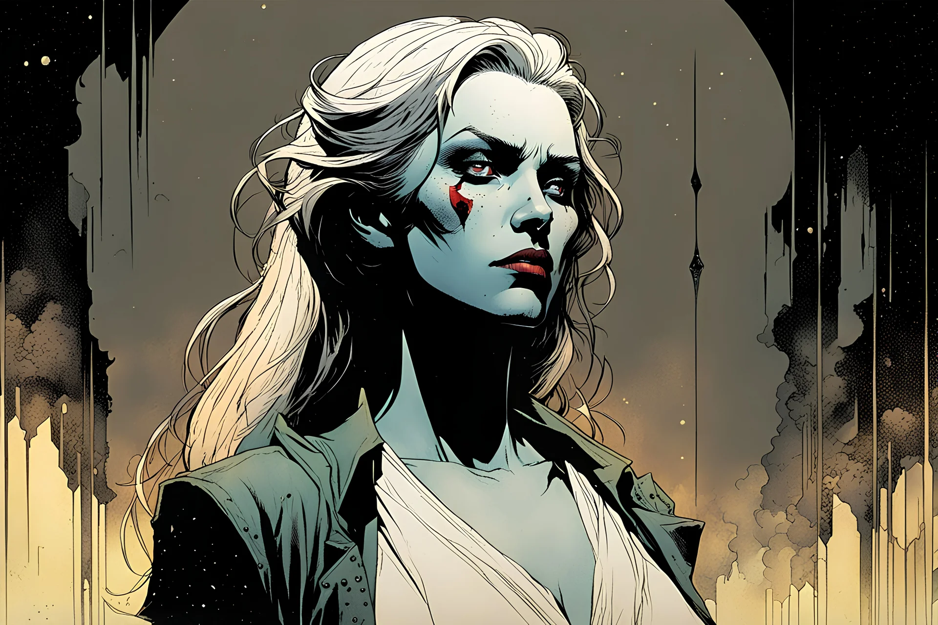 create a hardened, mercenary vampire girl, finely defined and sharply lined facial features in the comic book art style of Mike Mignola, Bill Sienkiewicz and Jean Giraud Moebius, , highly detailed, grainy, gritty textures, , dramatic natural lighting