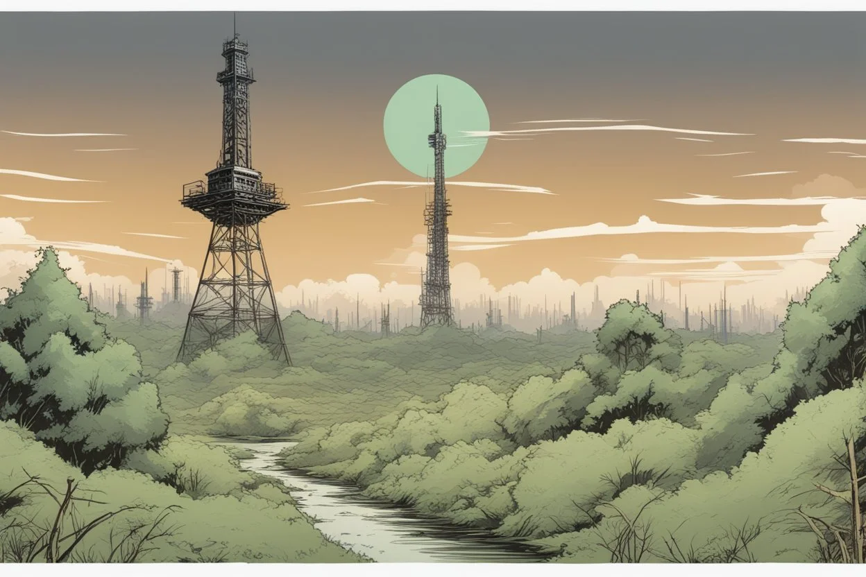 radio tower, overgrown apocalyptic, background, comic book,