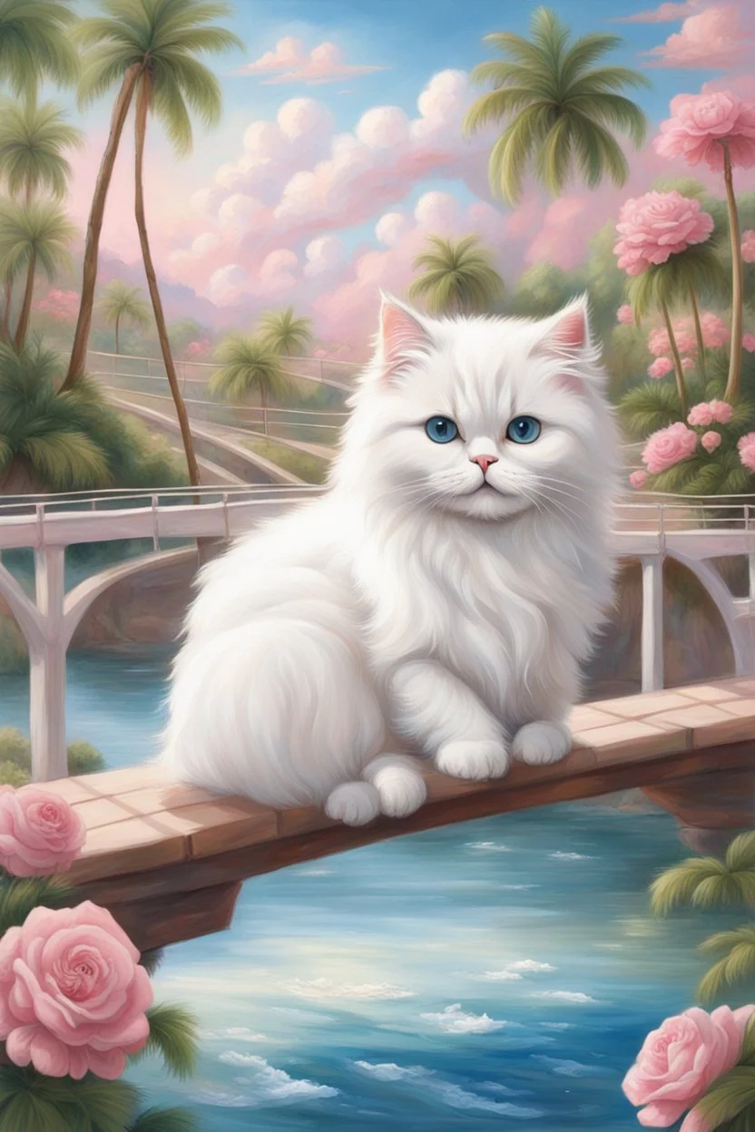 in the center: beautiful chunky white persian cats with blue/green eyes, playing on a bridge with kittens, under the brigde flows a small blue river; background: landscape with palm trees, first plan: pink roses: white clouds