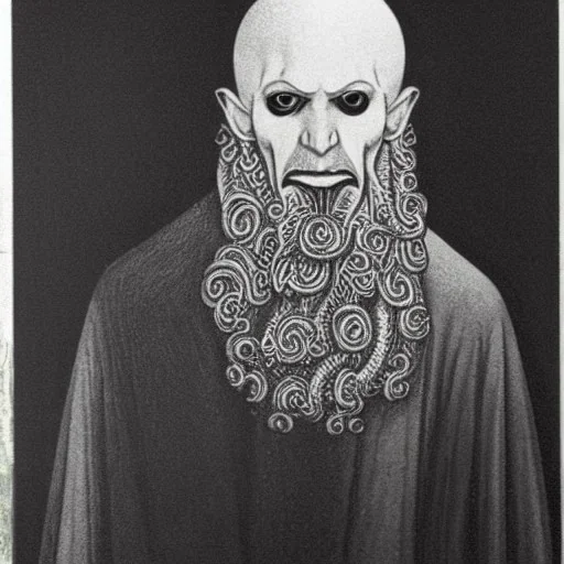 Nosferatu four yellow eyes with tentacle beard grey skin and vampire fangs as a Russian Orthodox bishop