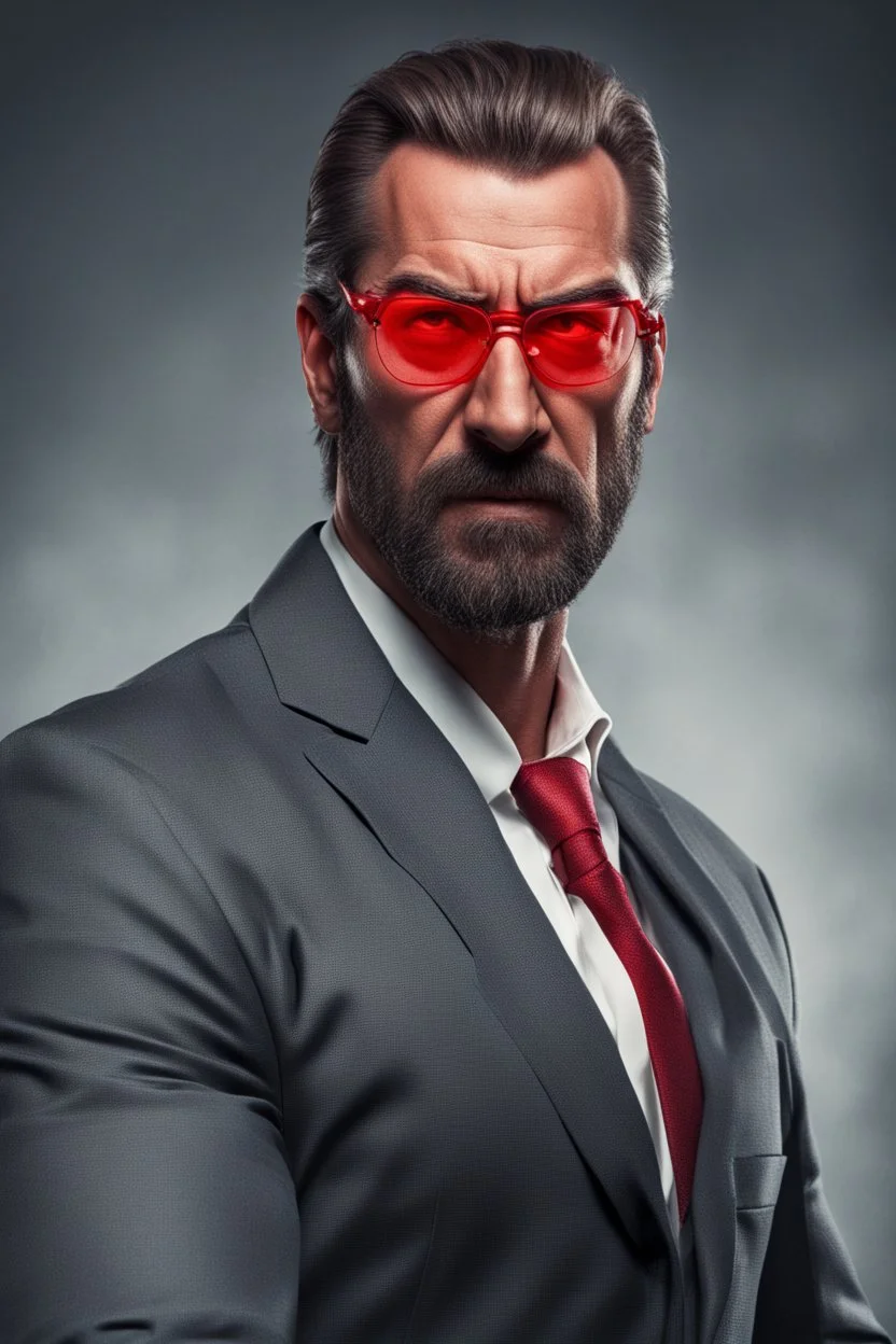 a muscular and angry man who looks like Hans Gruber wearing red glasses