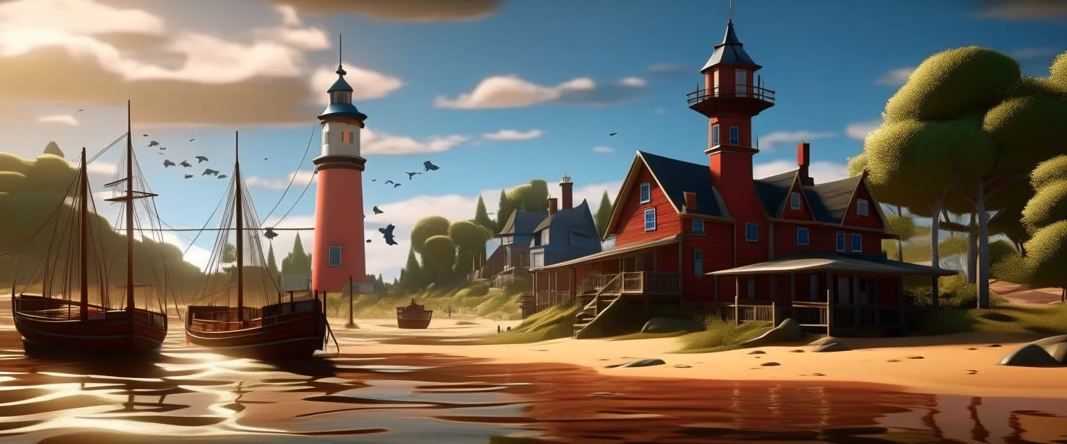 Netflix's Outer Banks, with elements of new york landscape and a Blackpool tower, Miami scenery, and Wild west aspects, with boats, also elements of devon, in one giant land.