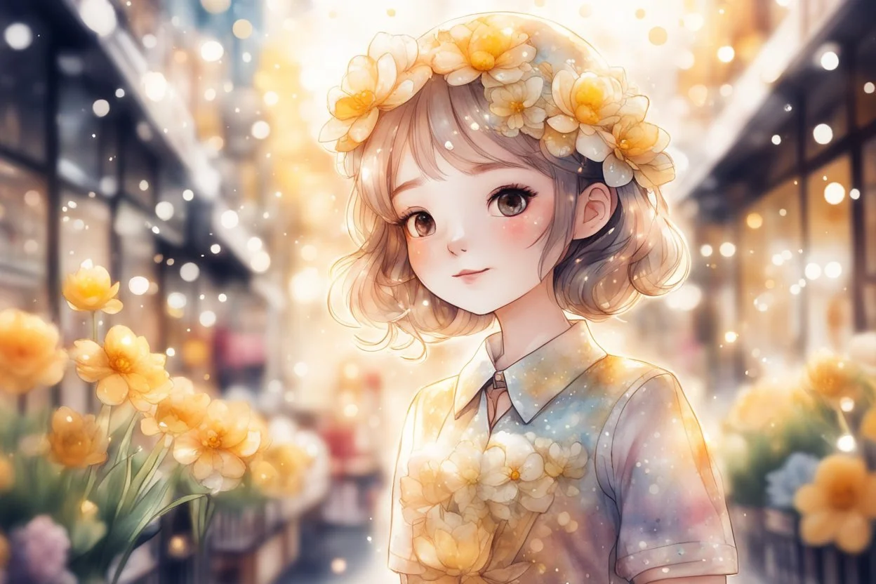 double exposure, flower shop, cute chibi salesgirl in flower uniform in sunshine, watercolor and black ink outlines, sparkling golden glitter, ethereal, cinematic postprocessing, bokeh, dof