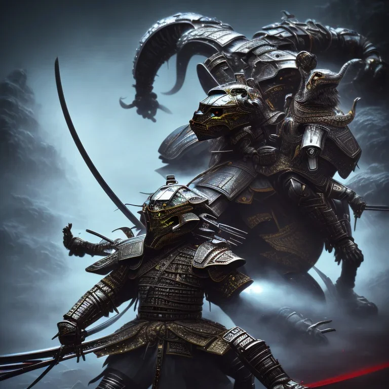 A big fight Portrait of a Predator , portrait of black samurai woods, galaxy sky, 8k quality, photography of an ethereal black samurai ,Portrait of a man by Michelangelo, portrait of black samurai ,apocalypse,a portrait of Predator fighting with , robot alien big high detail