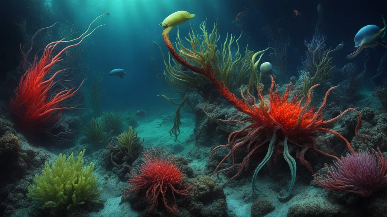 creatures, plants from subanautica from deep sea, leviathan's a lot of sea plants very deep, beautiful, river of magma, green and blue colours