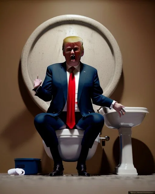 Donald Trump sitting in toilet scene, pants down, realistic image, hooper style, casual, concept art, smooth, unreal engine 5, god lights, ray tracing, RTX, lumen lighting, ultra detail, volumetric lighting, 3d.