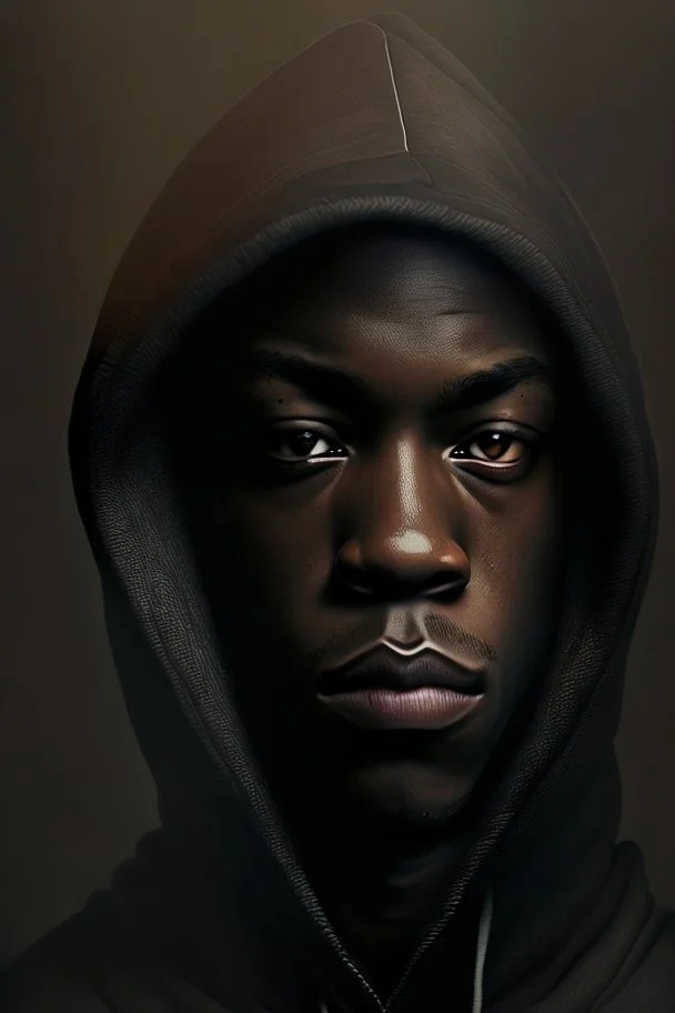 A portrait of a black man with a hood, short hair,