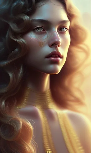 hot goddess , beautiful, long hair, wavy hair, curly hair، black eyes, head and shoulders portrait, cinematic, 8k, resolution concept art portrait by Greg Rutkowski, Artgerm, WLOP, Alphonse Mucha dynamic lighting hyperdetailed intricately detailed,jewelry