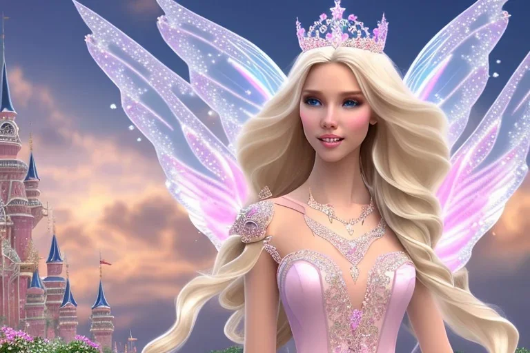 castle in background, beautiful, soft, big smiling, straight and long blonde hair, dewy and shiny atmosphere, diamond crown, long fairy wings in the back, full head, pink veil clothes