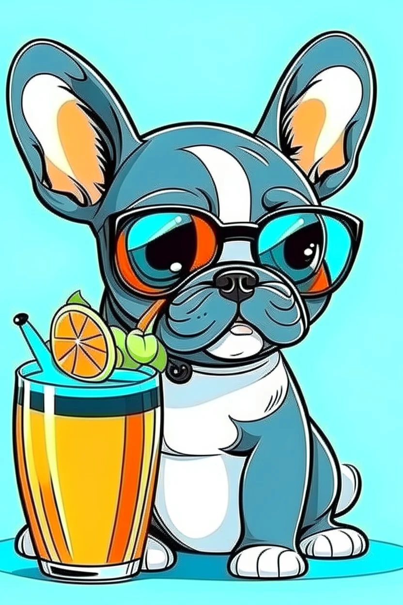 french bulldog in sunglasses drink cocktail cartoon