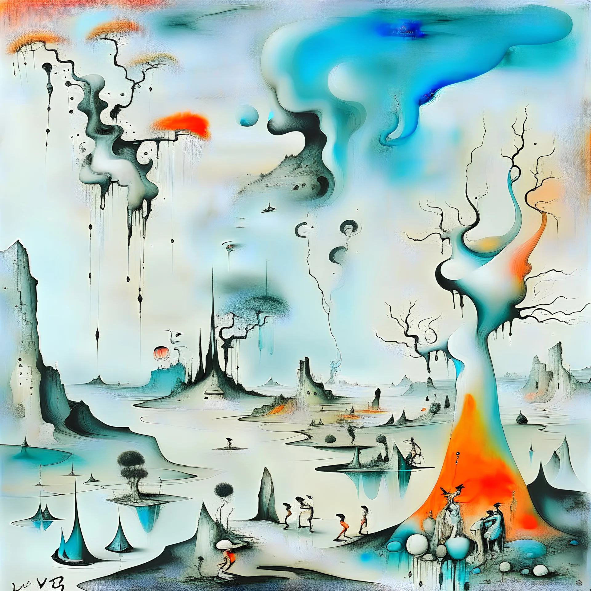 Yves Tanguy, melting steel, decalcomania, rock formations and forms of animals, plants, a primordial-like world, part vegetation, part rock, spooky