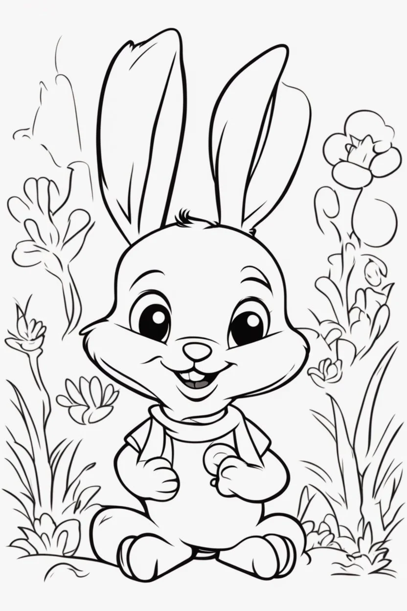 blank colouring book, white background, simple picture for toddlers, rabbit, four legs, smile on face, disney and pixar style