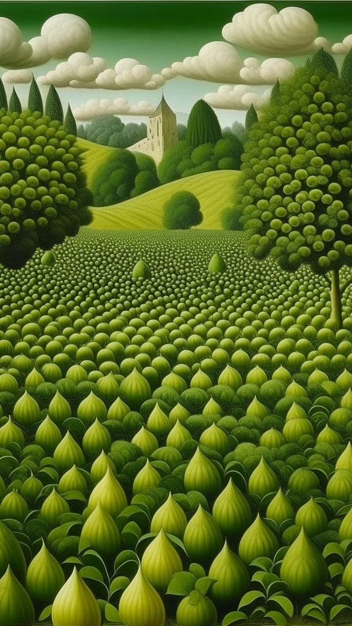 An olive green jungle with diamond shaped peppers painted by Rene Magritte