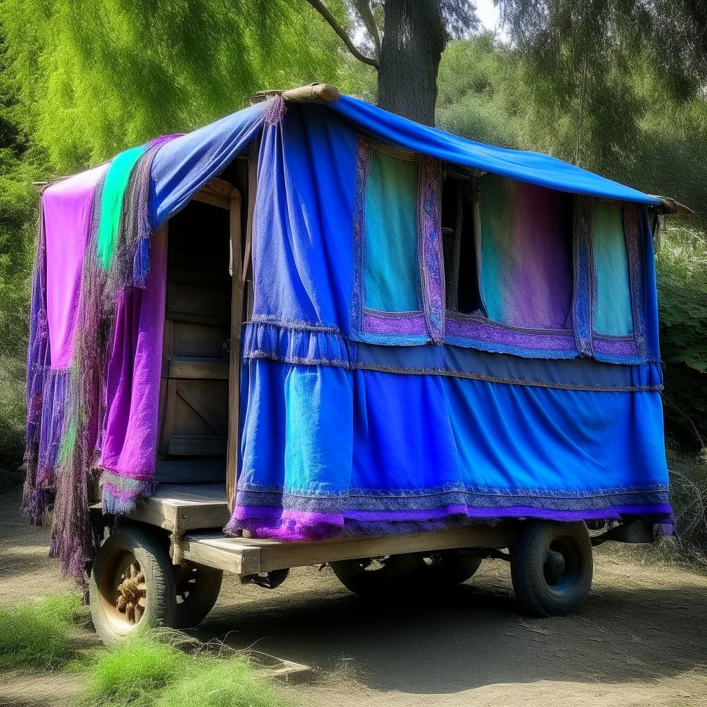 Old fashioned purple, blue and pink gypsy wagon decorated, curtains fluttering in the wind