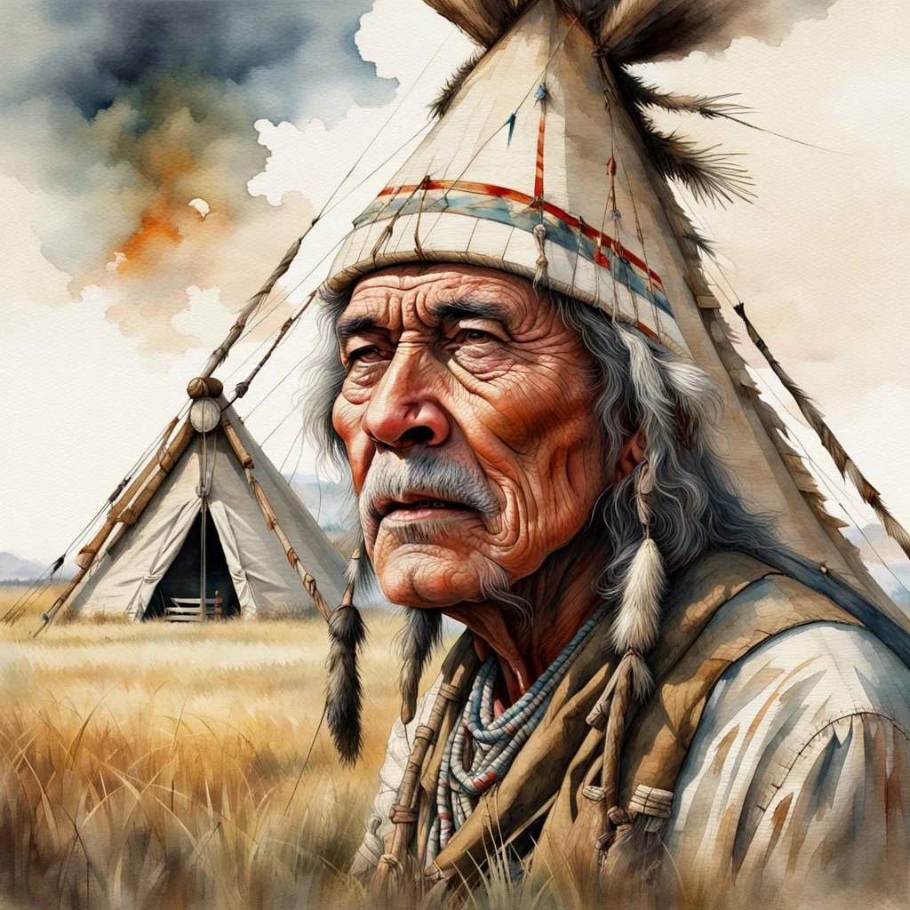 The old Cherokee man of the Great Plains, double exposure Cherokee mans face formed by a Teepee in a grass plains with Buffalo, watercolor by Jean-Baptiste Monge and Yossi Kotler, Modifiers: sharp focus extremely detailed intricate oil on canvas portrait hyperrealistic high definition crisp quality