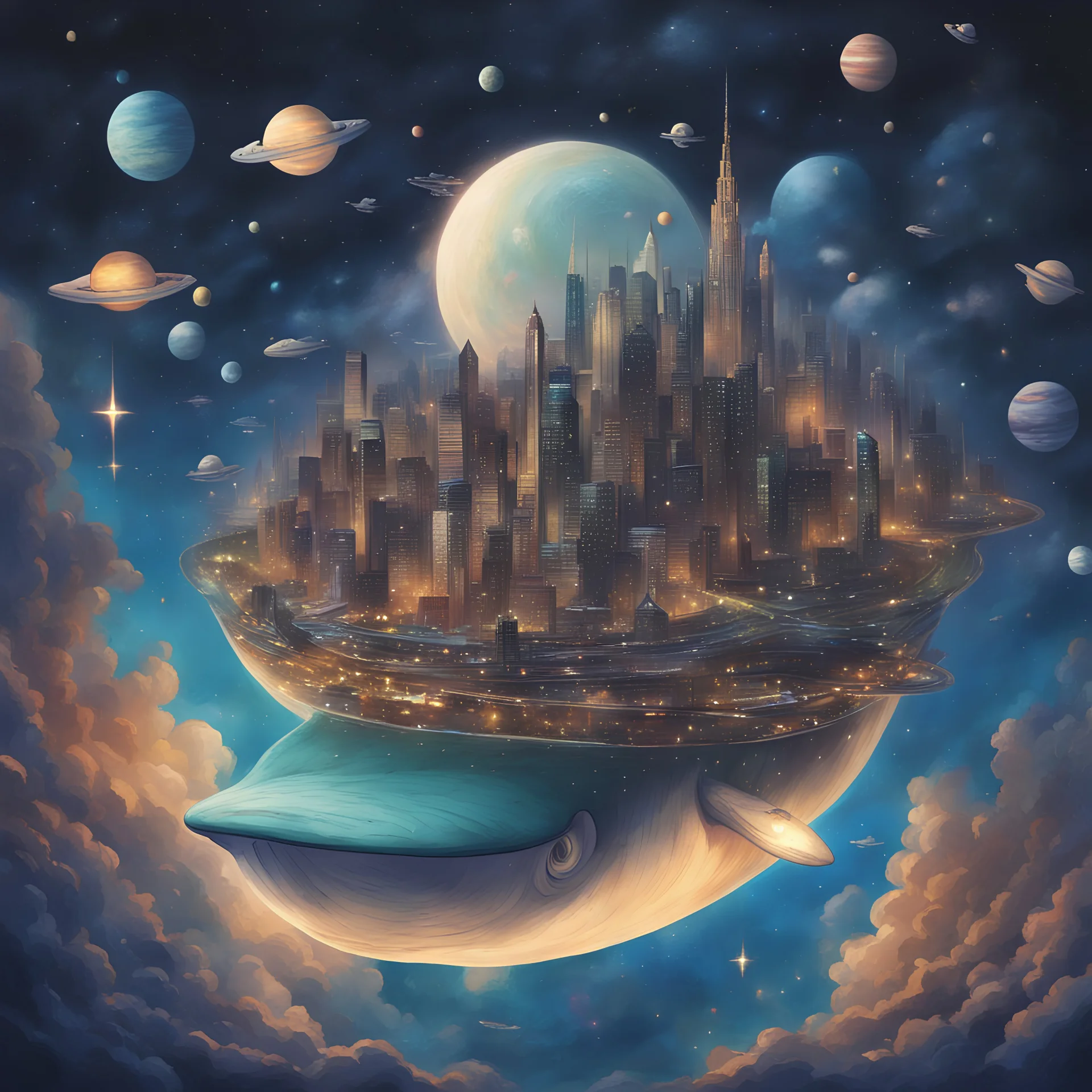 A future city on the back of a heavenly whale swimming in space filled with stars and planets