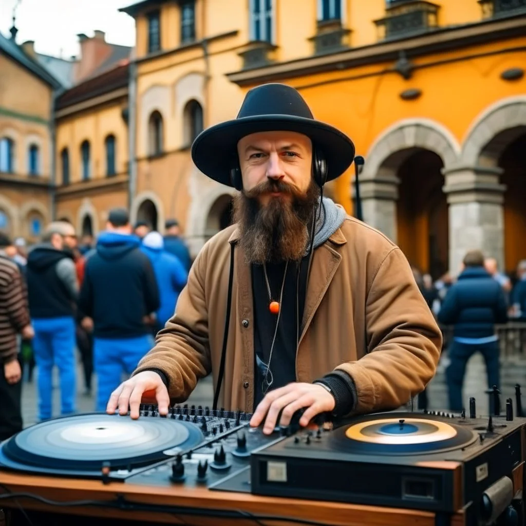 A short brown beard DJ with a hat on his head, sing at microphone, the DJ console, many electronic consoles around, play middle street of medieval city, FRONT VIEW