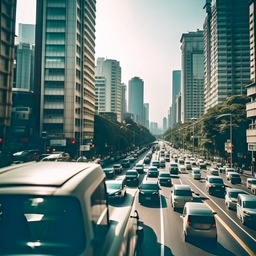 traffic jam in beautiful city with tall buildings